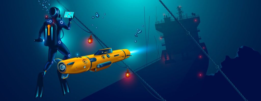 Underwater drone inspecting the ship.