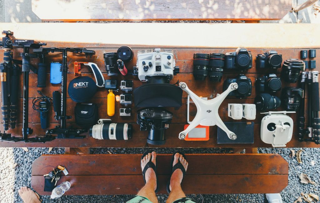 A whole table full of drone tech.