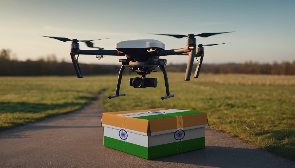 A drone flying with a package, illustrating the transformation of the shopping experience in India.