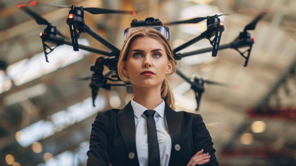 A businesswoman, dressed in formal attire, stands confidently with a drone hovering behind her in an office setting