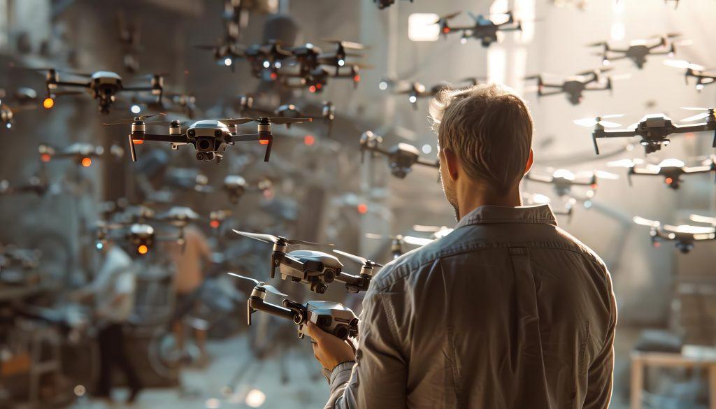 A drone engineer programming a swarm of mini drones