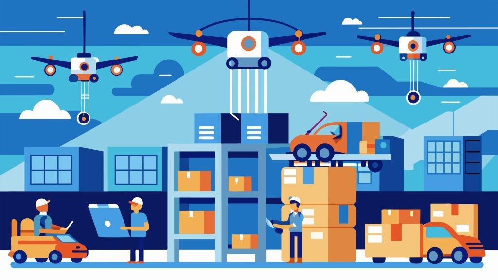 a swarm of autonomous drones hovering above the warehouse floor all