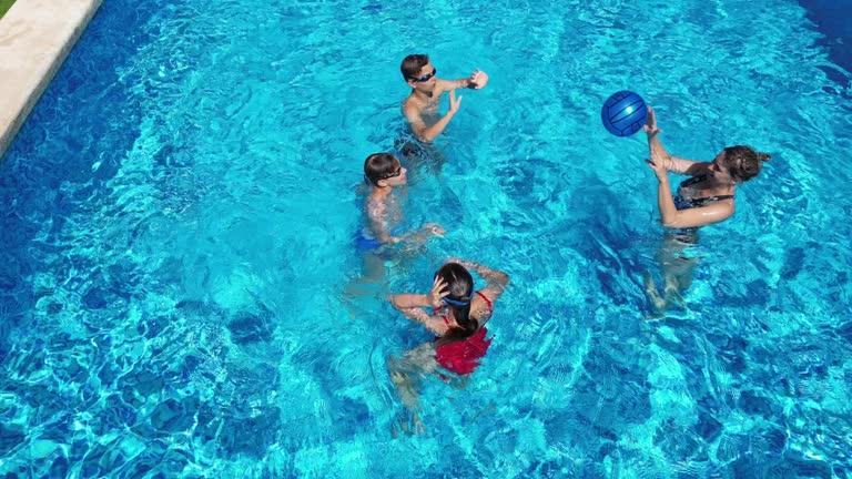 Drone shot of family in a pool