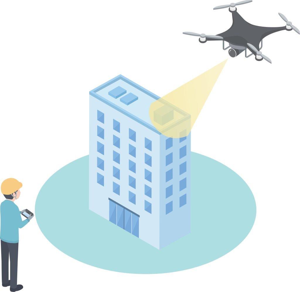 Isometric illustration of a worker using a drone to inspect a building