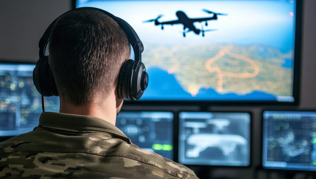 Military operator controlling an aerial passenger drone in air traffic control room