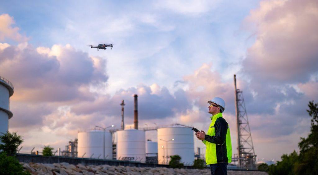 Drones doing roof inspection.